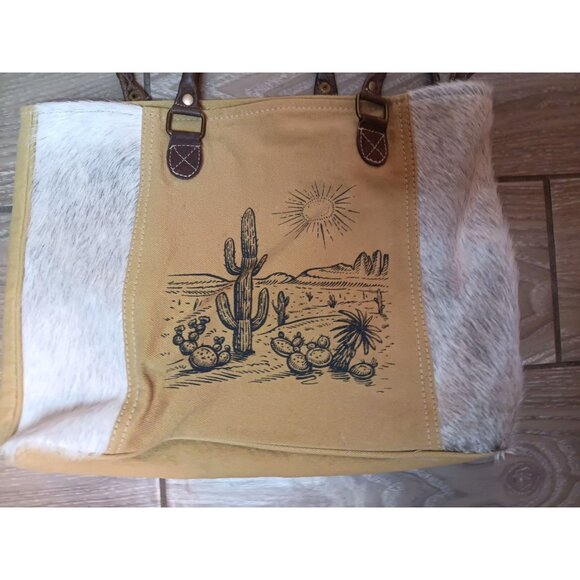 Myra Canvas Cowhide Fur Purse Double Handle Shoudler Bag, Cactus Print Brown - Picture 2 of 6